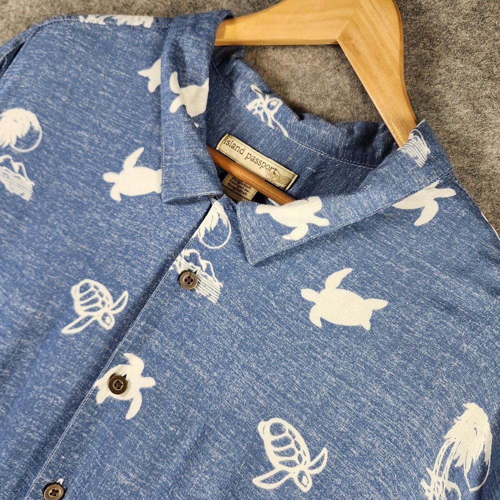 Island Passport Button Front Shirt Mens 3XLT Blue Sea Turtle Palm Tree Rayon